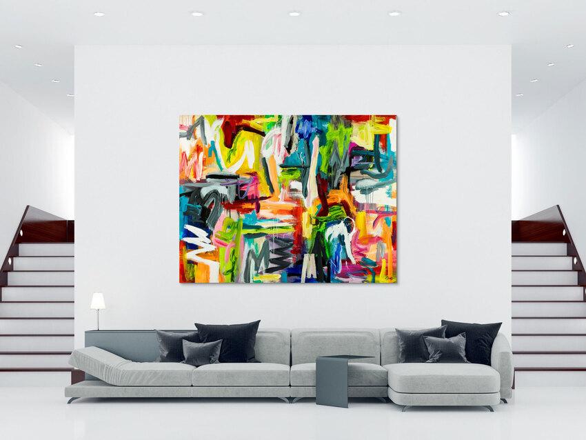 Abstraktes Original Gemälde 195x250cm Mischtechnik Moderne Kunst handgemalt sehr bunt neon Farben einzigartig