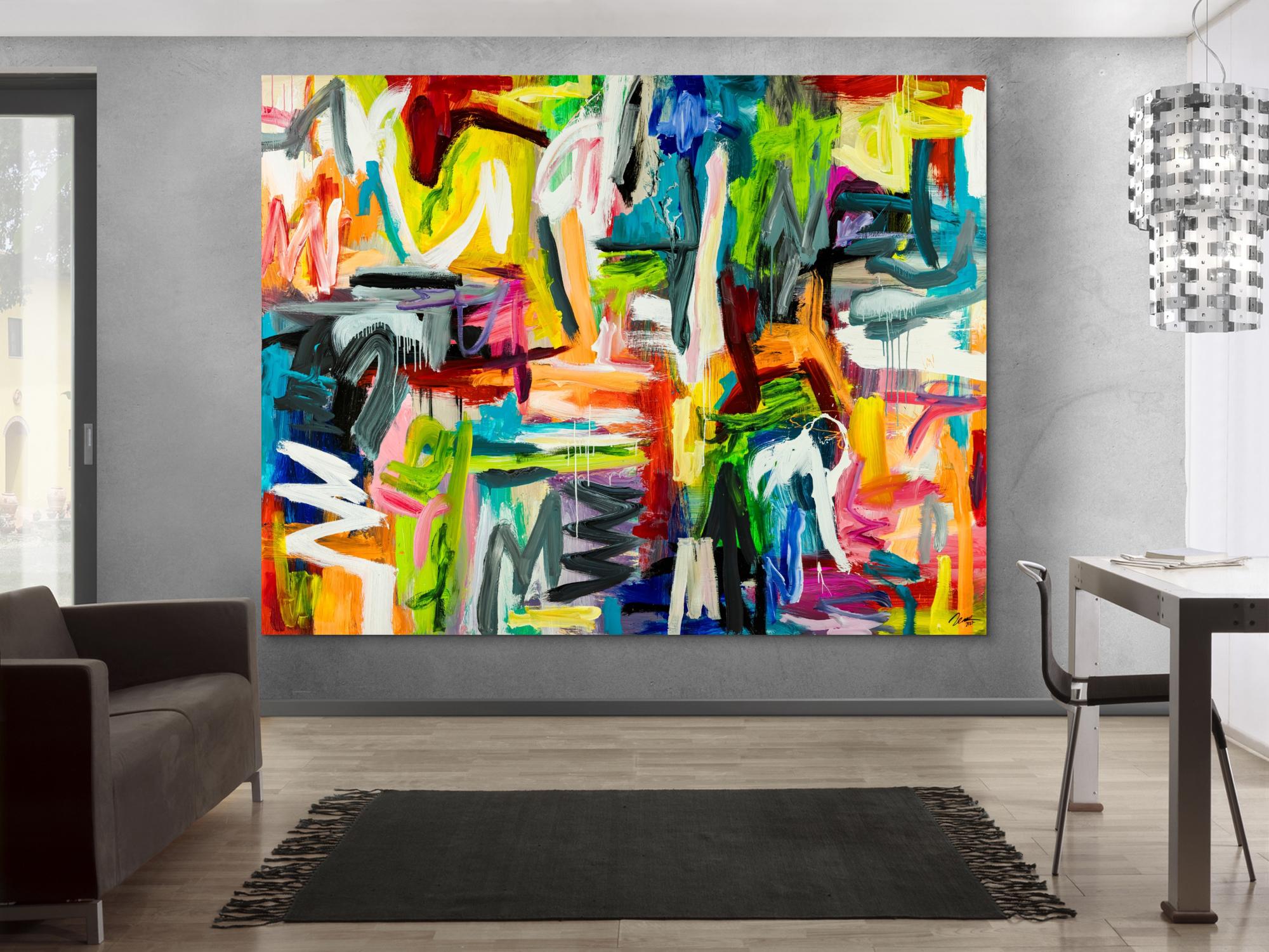 Abstraktes Original Gemälde 195x250cm Mischtechnik Moderne Kunst handgemalt sehr bunt neon Farben einzigartig