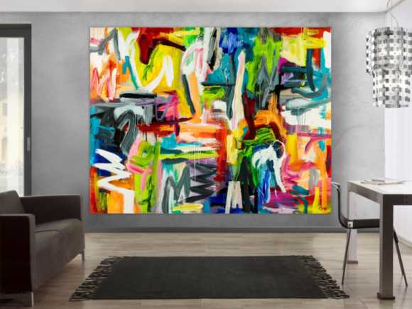 Abstraktes Original Gemälde 195x250cm Mischtechnik Moderne Kunst handgemalt sehr bunt neon Farben einzigartig