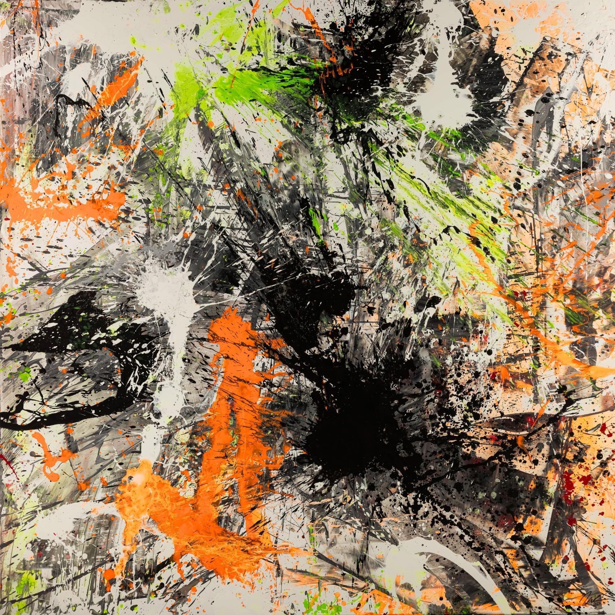 Abstraktes Original Gemälde 195x195cm Action Painting Modern Art auf Leinwand Splash Art schwarz neon orange grün weiß
