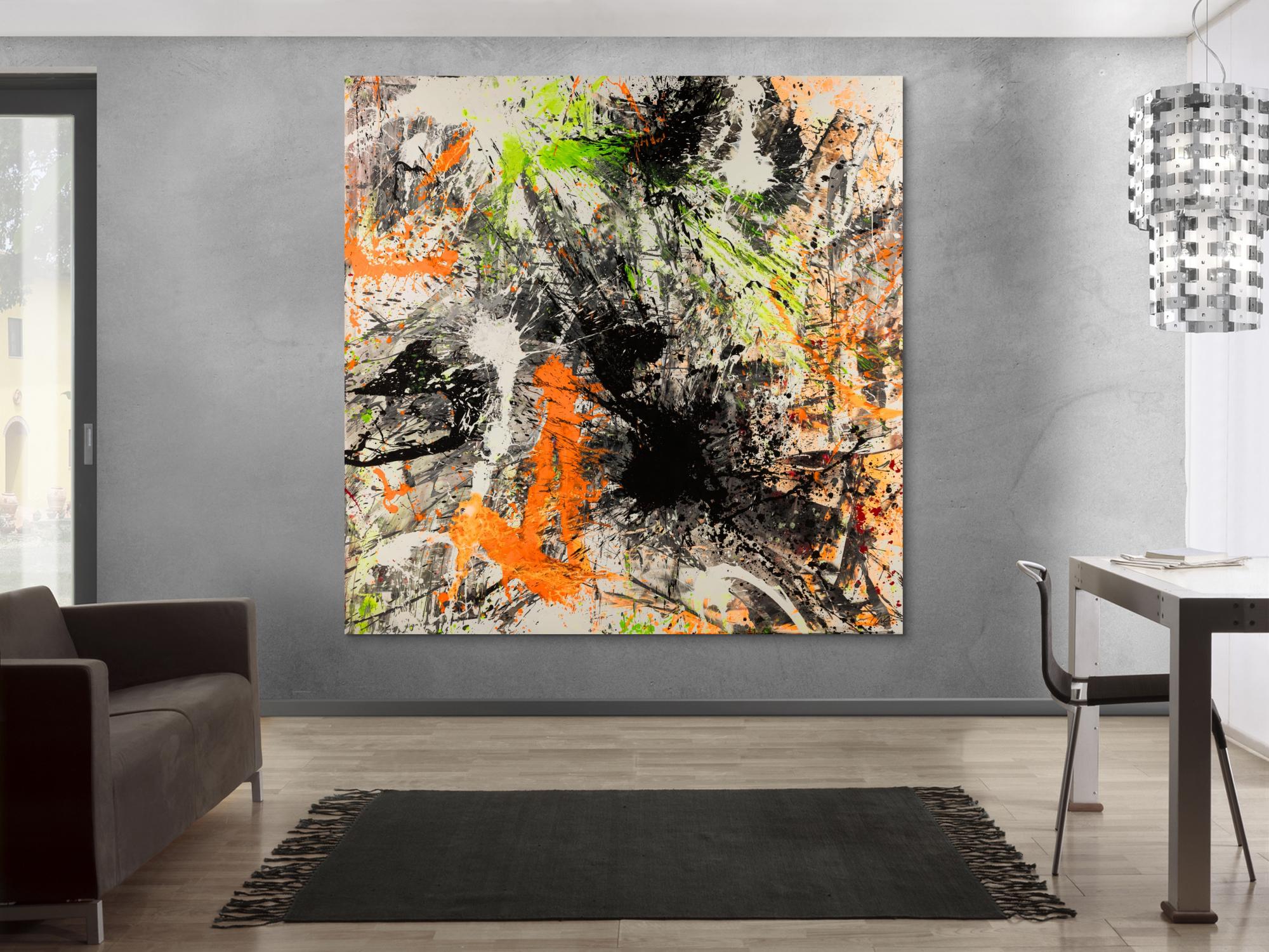 Abstraktes Original Gemälde 195x195cm Action Painting Modern Art auf Leinwand Splash Art schwarz neon orange grün weiß