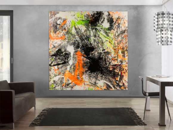Abstraktes Original Gemälde 195x195cm Action Painting Modern Art auf Leinwand Splash Art schwarz neon orange grün weiß