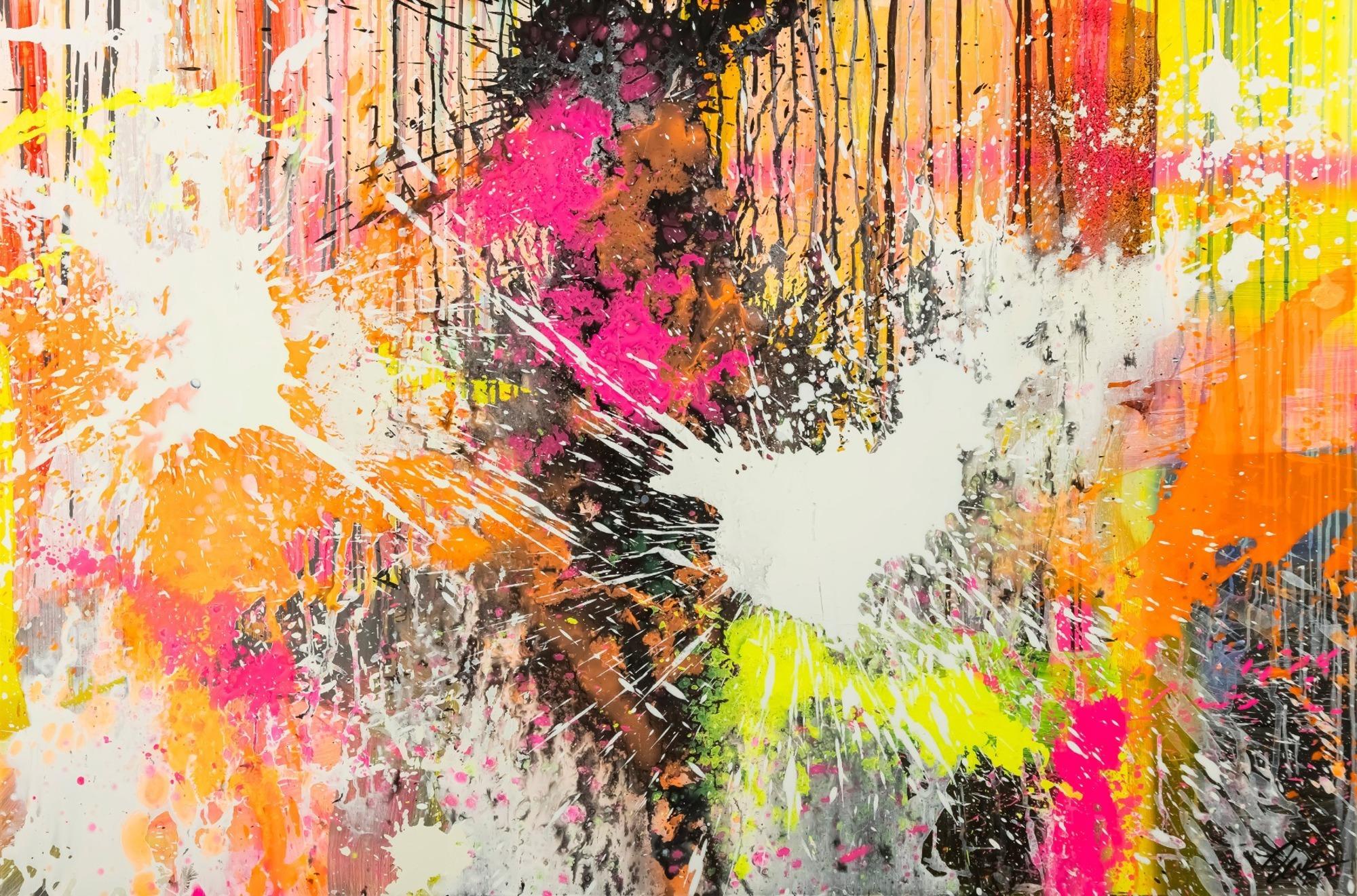 Original Gemälde abstrakt 100x150cm Action Painting Moderne Kunst Neon Splash Art beige weiß orange einzigartig