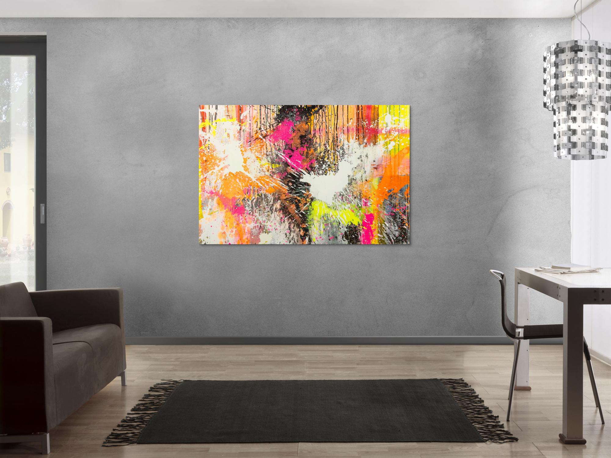 Original Gemälde abstrakt 100x150cm Action Painting Moderne Kunst Neon Splash Art beige weiß orange einzigartig