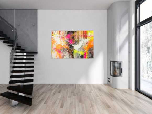 Original Gemälde abstrakt 100x150cm Action Painting Moderne Kunst Neon Splash Art beige weiß orange einzigartig