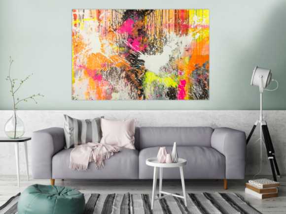 Original Gemälde abstrakt 100x150cm Action Painting Moderne Kunst Neon Splash Art beige weiß orange einzigartig