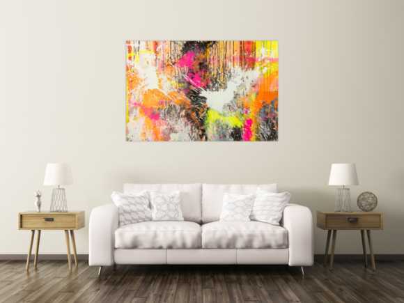 Original Gemälde abstrakt 100x150cm Action Painting Moderne Kunst Neon Splash Art beige weiß orange einzigartig