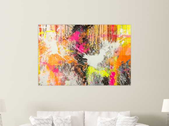 Original Gemälde abstrakt 100x150cm Action Painting Moderne Kunst Neon Splash Art beige weiß orange einzigartig