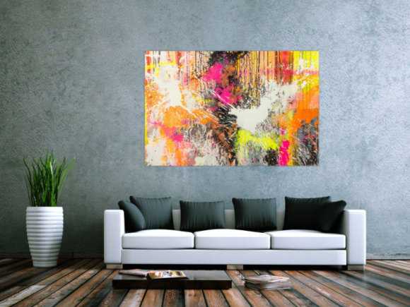 Original Gemälde abstrakt 100x150cm Action Painting Moderne Kunst Neon Splash Art beige weiß orange einzigartig