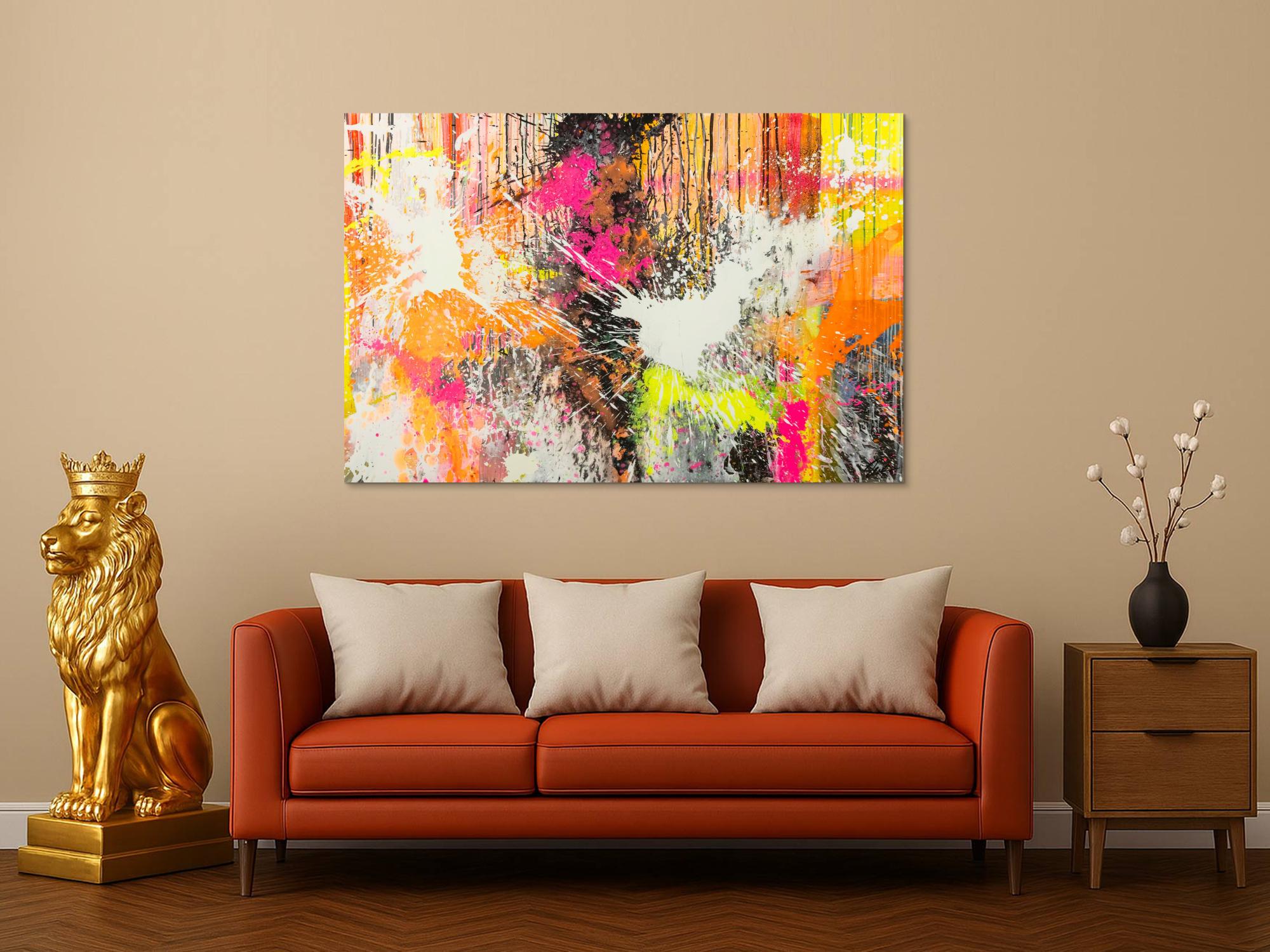 Original Gemälde abstrakt 100x150cm Action Painting Moderne Kunst Neon Splash Art beige weiß orange einzigartig