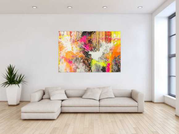 Original Gemälde abstrakt 100x150cm Action Painting Moderne Kunst Neon Splash Art beige weiß orange einzigartig