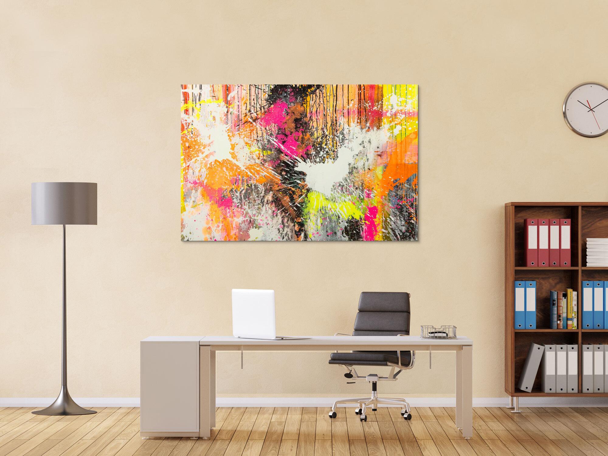Original Gemälde abstrakt 100x150cm Action Painting Moderne Kunst Neon Splash Art beige weiß orange einzigartig