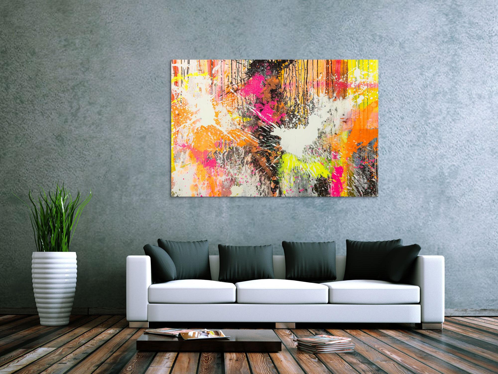 Original Gemälde abstrakt 100x150cm Action Painting Moderne Kunst Neon Splash Art beige weiß orange einzigartig