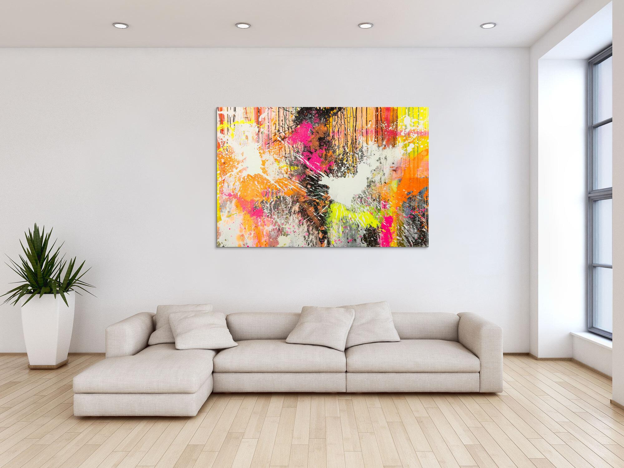Original Gemälde abstrakt 100x150cm Action Painting Moderne Kunst Neon Splash Art beige weiß orange einzigartig