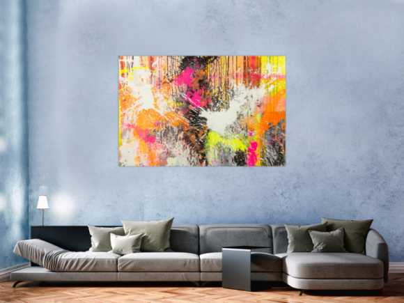 Original Gemälde abstrakt 100x150cm Action Painting Moderne Kunst Neon Splash Art beige weiß orange einzigartig
