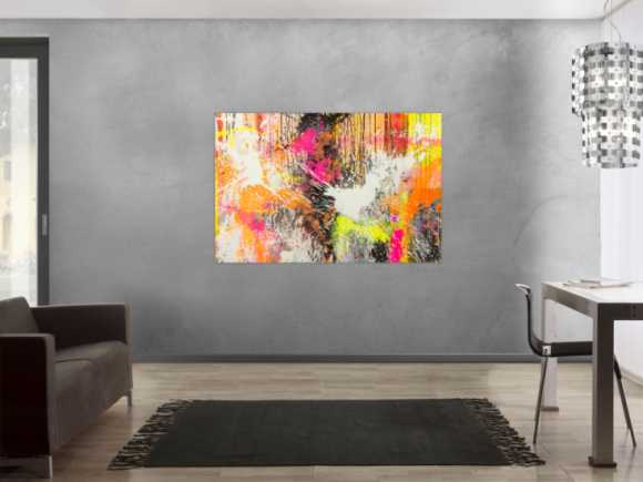 Original Gemälde abstrakt 100x150cm Action Painting Moderne Kunst Neon Splash Art beige weiß orange einzigartig