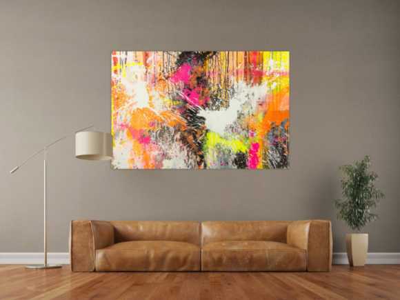 Original Gemälde abstrakt 100x150cm Action Painting Moderne Kunst Neon Splash Art beige weiß orange einzigartig