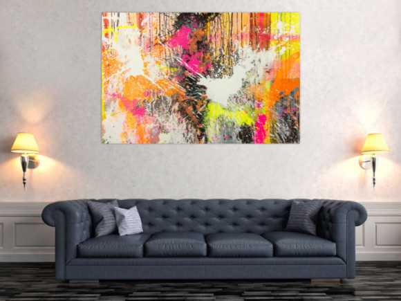 Original Gemälde abstrakt 100x150cm Action Painting Moderne Kunst Neon Splash Art beige weiß orange einzigartig
