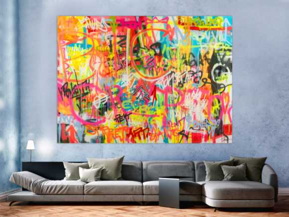 Original Gemälde abstrakt 160x220cm Mischtechnik expressionistisch handgemalt Mischtechnik bunt pink gelb hochwertig