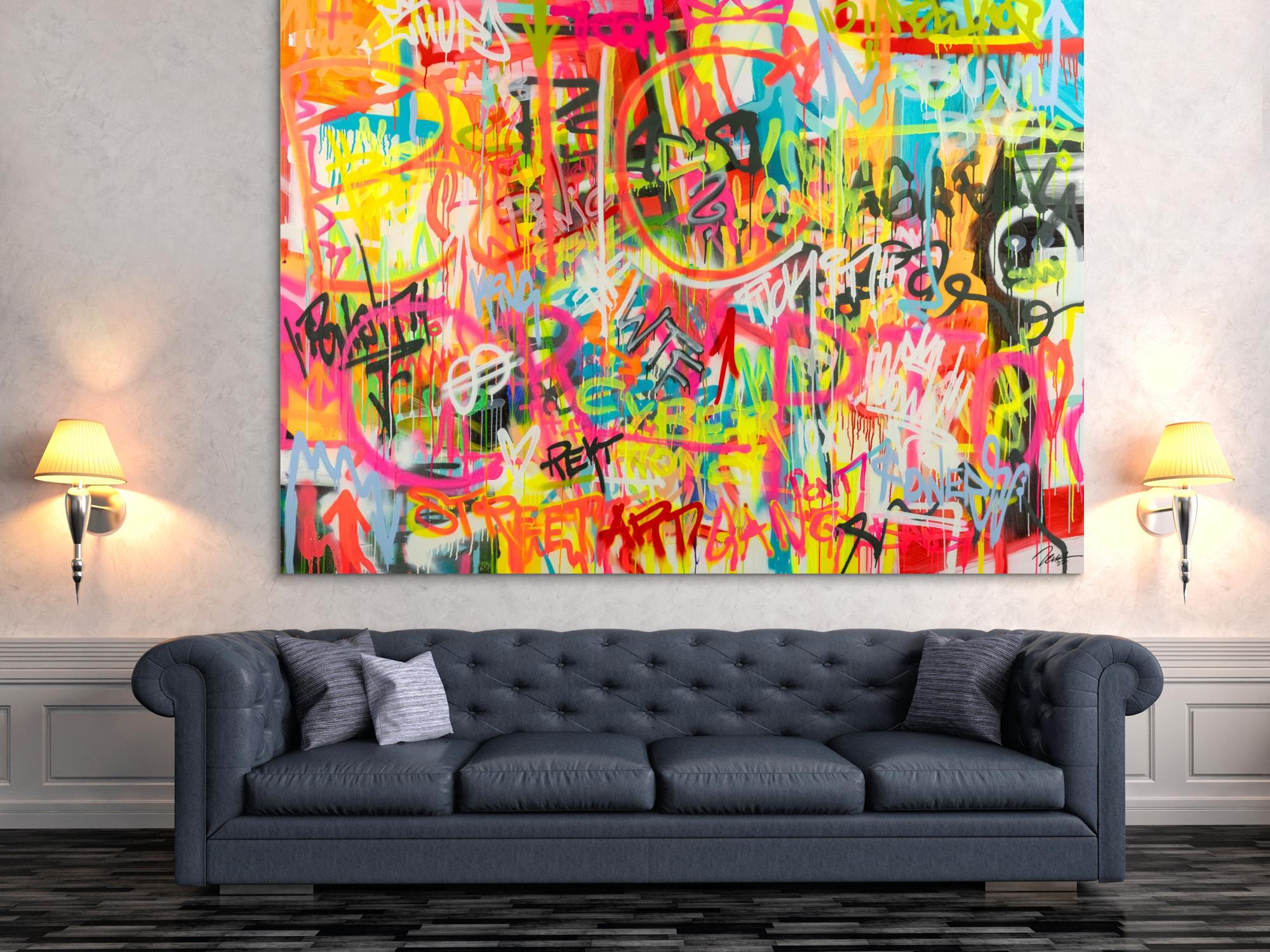 Original Gemälde abstrakt 160x220cm Mischtechnik expressionistisch handgemalt Mischtechnik bunt pink gelb hochwertig