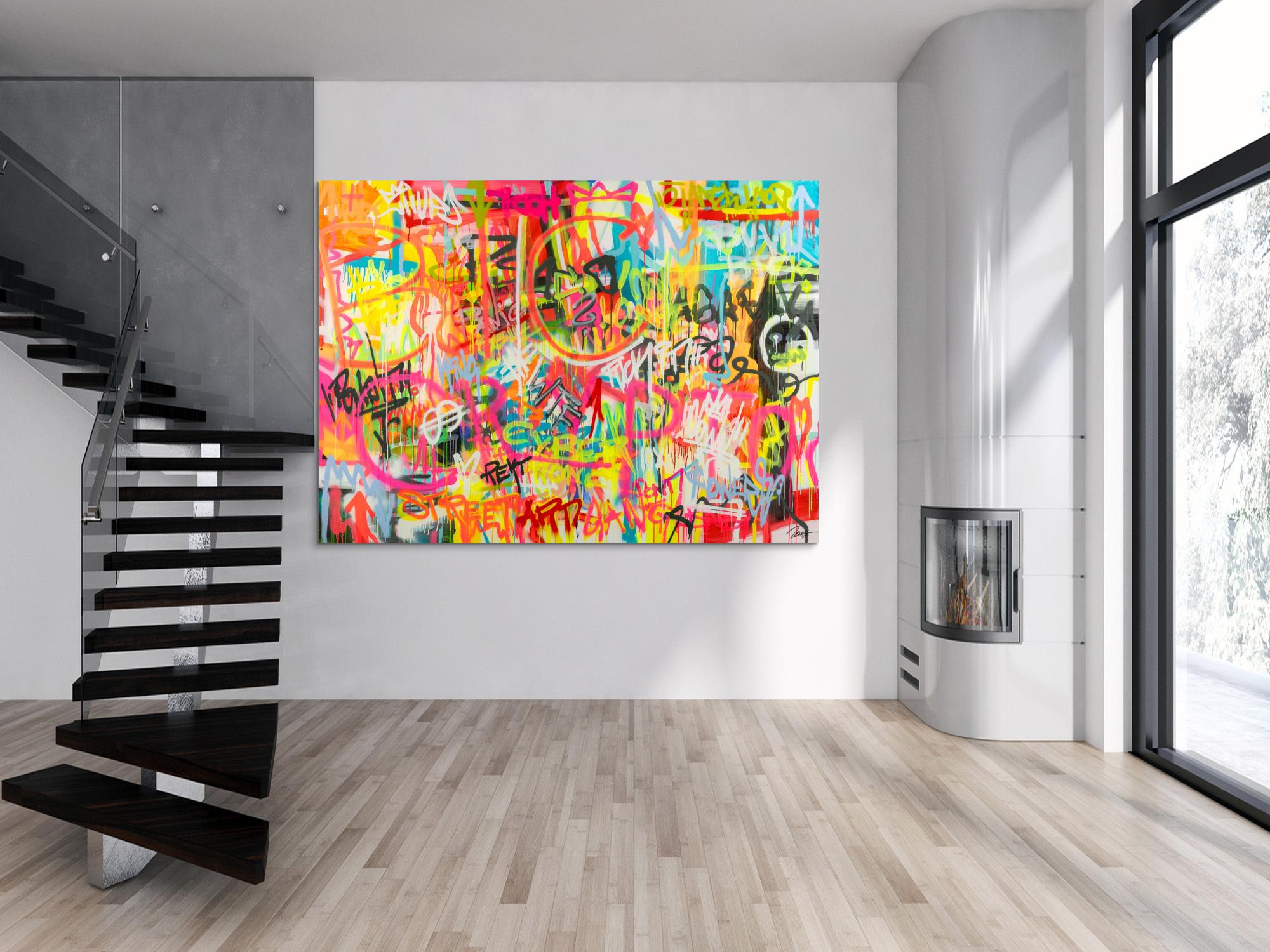 Original Gemälde abstrakt 160x220cm Mischtechnik expressionistisch handgemalt Mischtechnik bunt pink gelb hochwertig