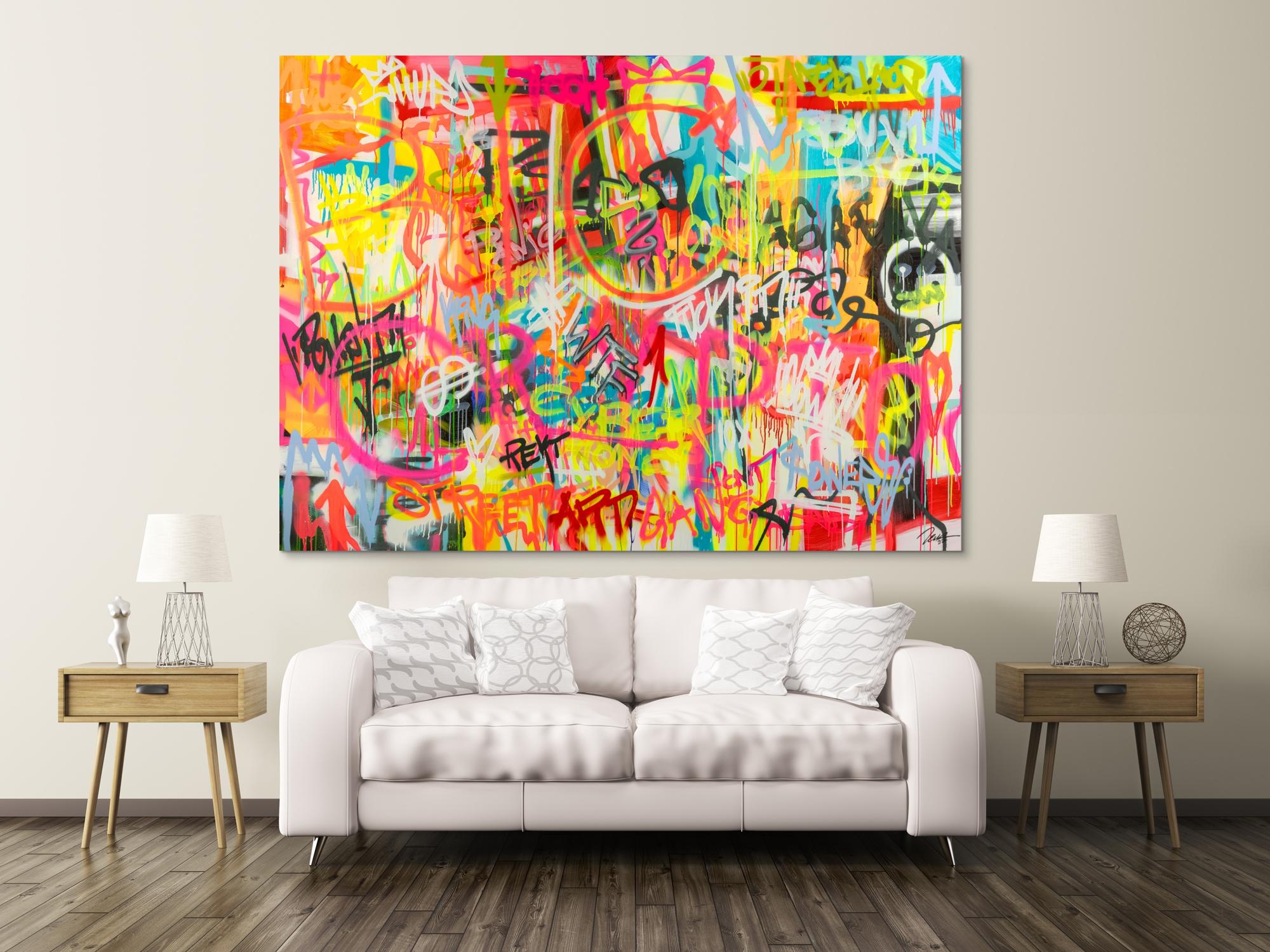 Original Gemälde abstrakt 160x220cm Mischtechnik expressionistisch handgemalt Mischtechnik bunt pink gelb hochwertig