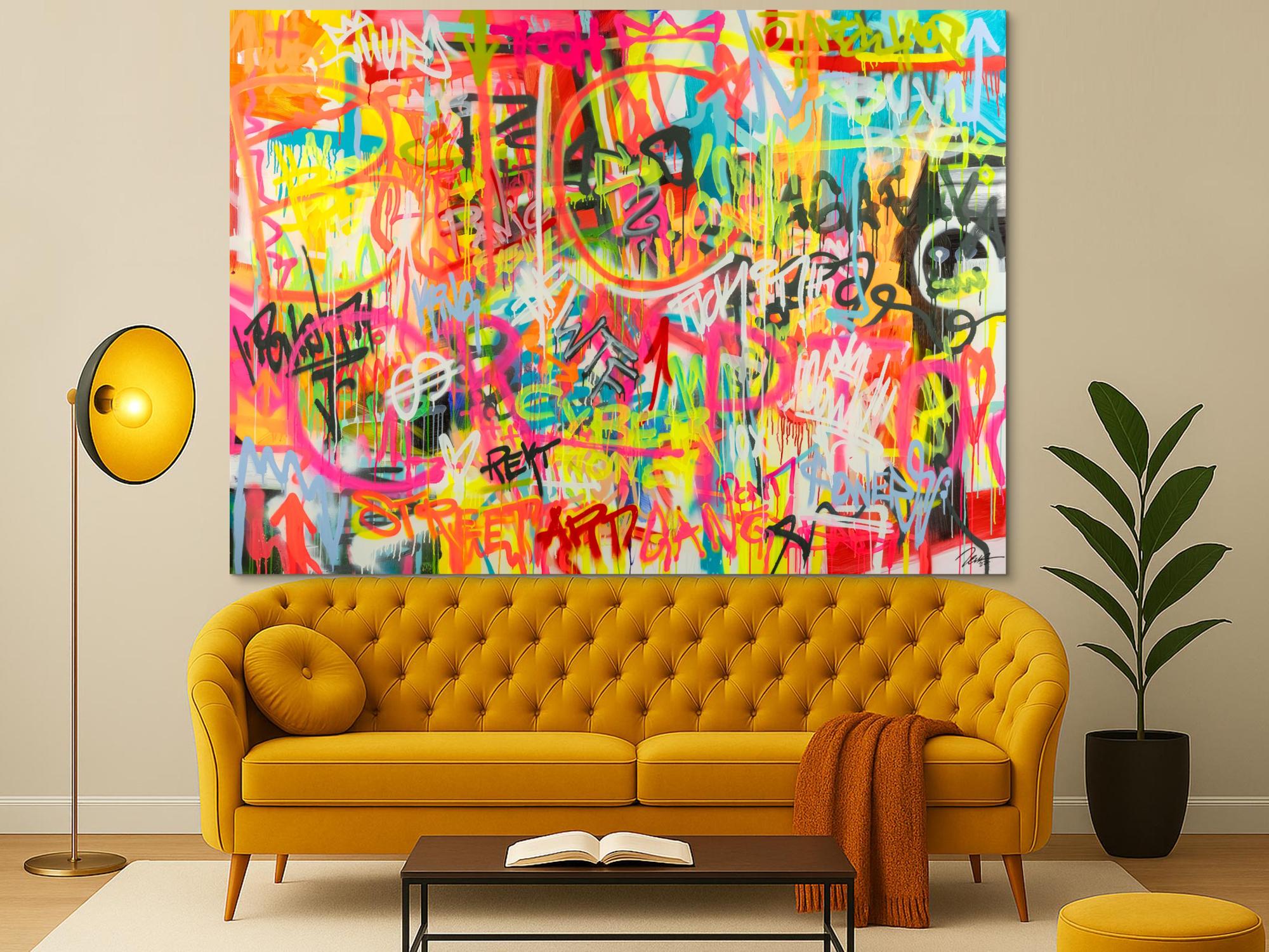 Original Gemälde abstrakt 160x220cm Mischtechnik expressionistisch handgemalt Mischtechnik bunt pink gelb hochwertig