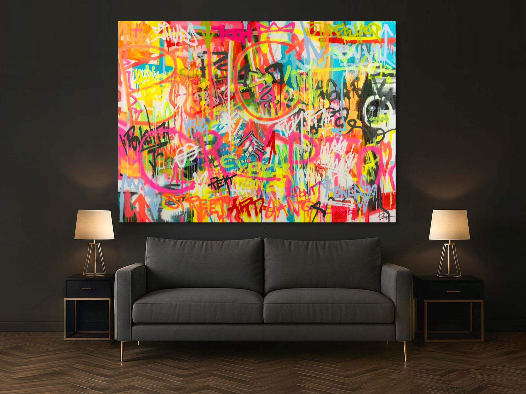 Original Gemälde abstrakt 160x220cm Mischtechnik expressionistisch handgemalt Mischtechnik bunt pink gelb hochwertig