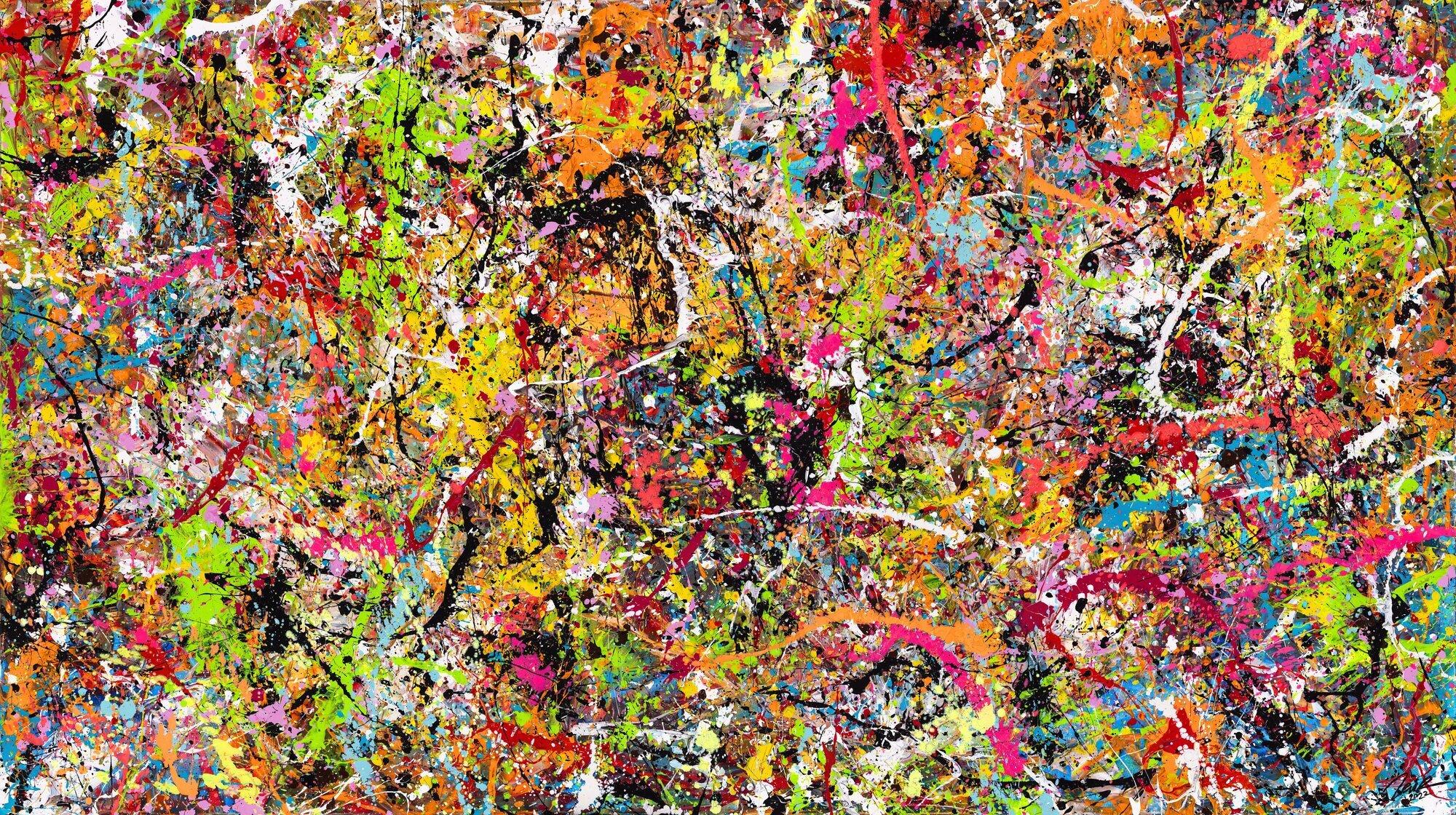 Gemälde Original abstrakt 140x250cm Action Painting Modern Art handgemalt Splash Art bunt pink orange einzigartig