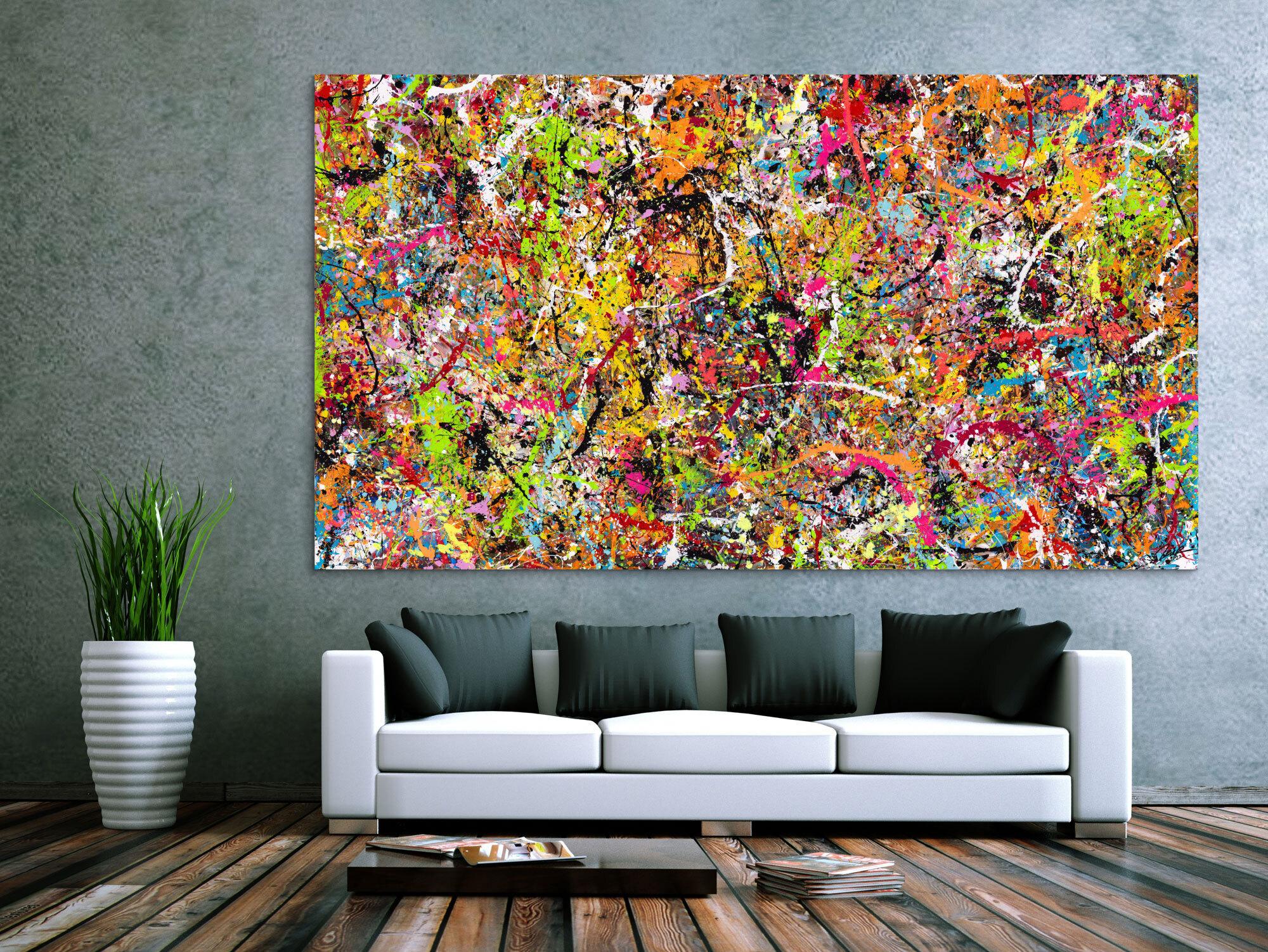 Gemälde Original abstrakt 140x250cm Action Painting Modern Art handgemalt Splash Art bunt pink orange einzigartig