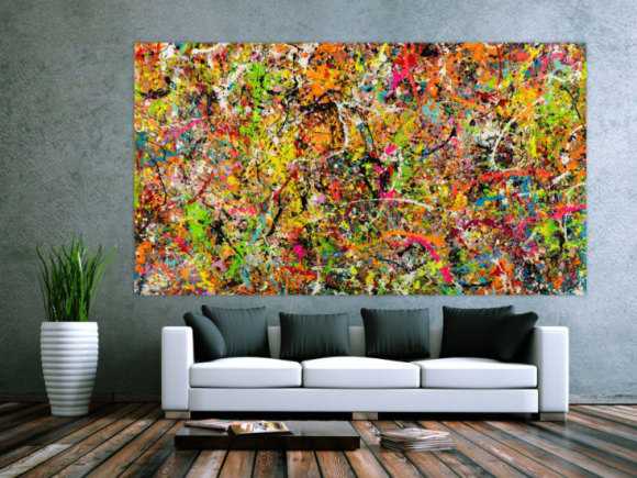Gemälde Original abstrakt 140x250cm Action Painting Modern Art handgemalt Splash Art bunt pink orange einzigartig