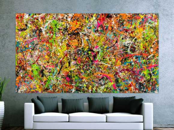 Gemälde Original abstrakt 140x250cm Action Painting Modern Art handgemalt Splash Art bunt pink orange einzigartig