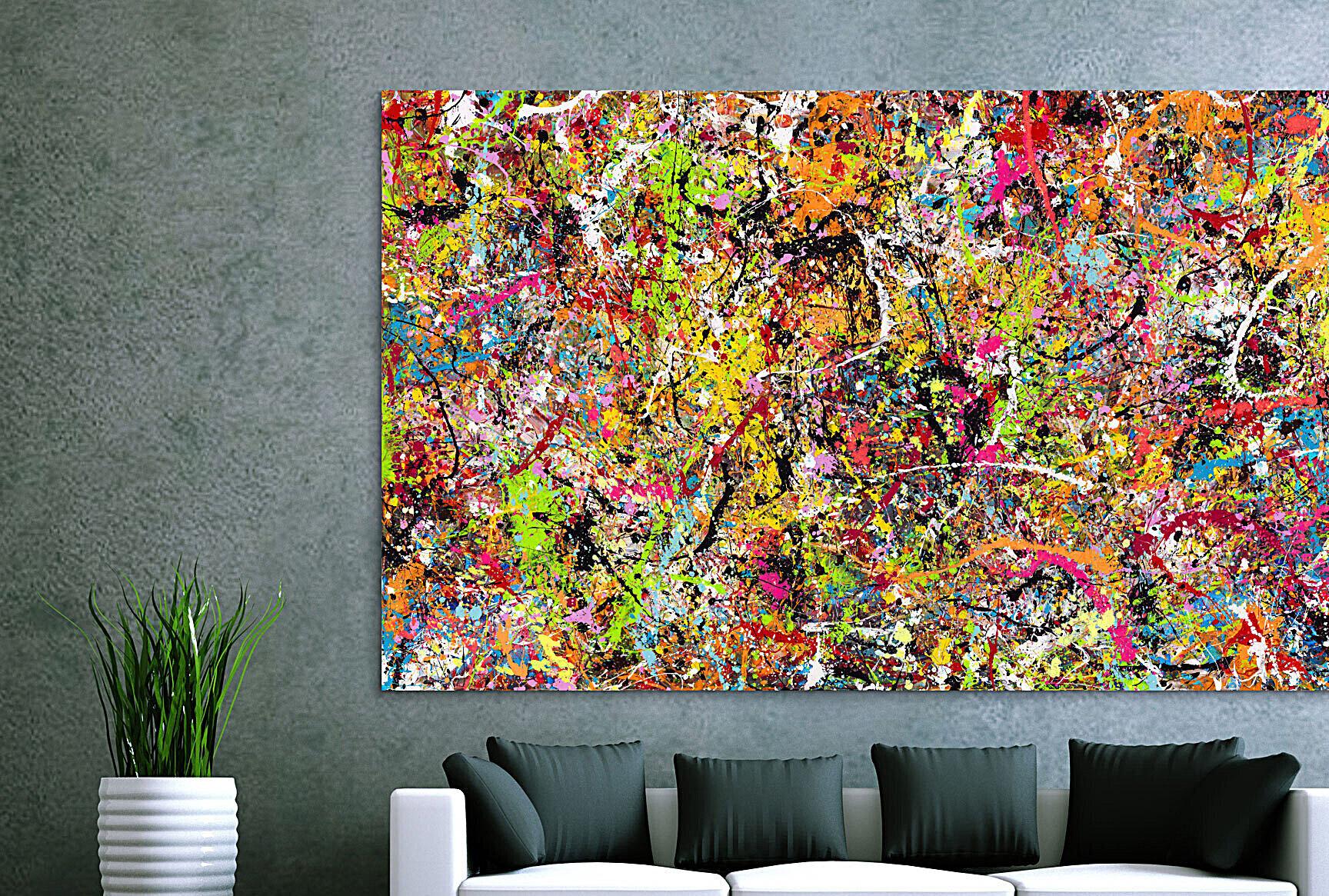 Gemälde Original abstrakt 140x250cm Action Painting Modern Art handgemalt Splash Art bunt pink orange einzigartig