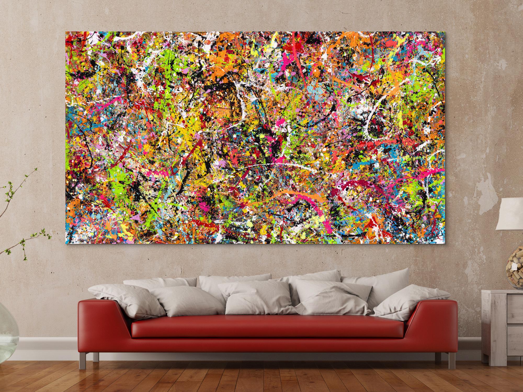 Gemälde Original abstrakt 140x250cm Action Painting Modern Art handgemalt Splash Art bunt pink orange einzigartig