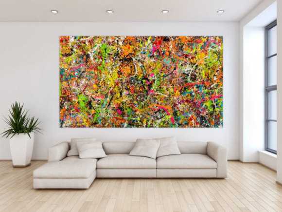 Gemälde Original abstrakt 140x250cm Action Painting Modern Art handgemalt Splash Art bunt pink orange einzigartig