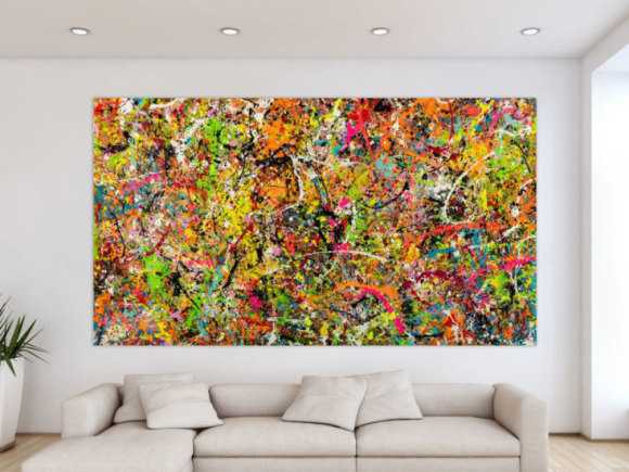 Gemälde Original abstrakt 140x250cm Action Painting Modern Art handgemalt Splash Art bunt pink orange einzigartig