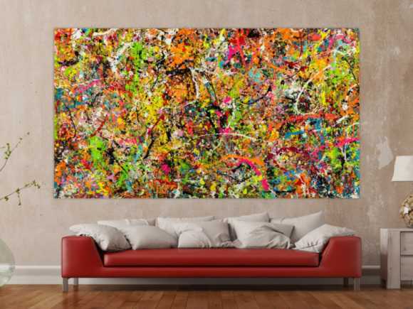 Gemälde Original abstrakt 140x250cm Action Painting Modern Art handgemalt Splash Art bunt pink orange einzigartig