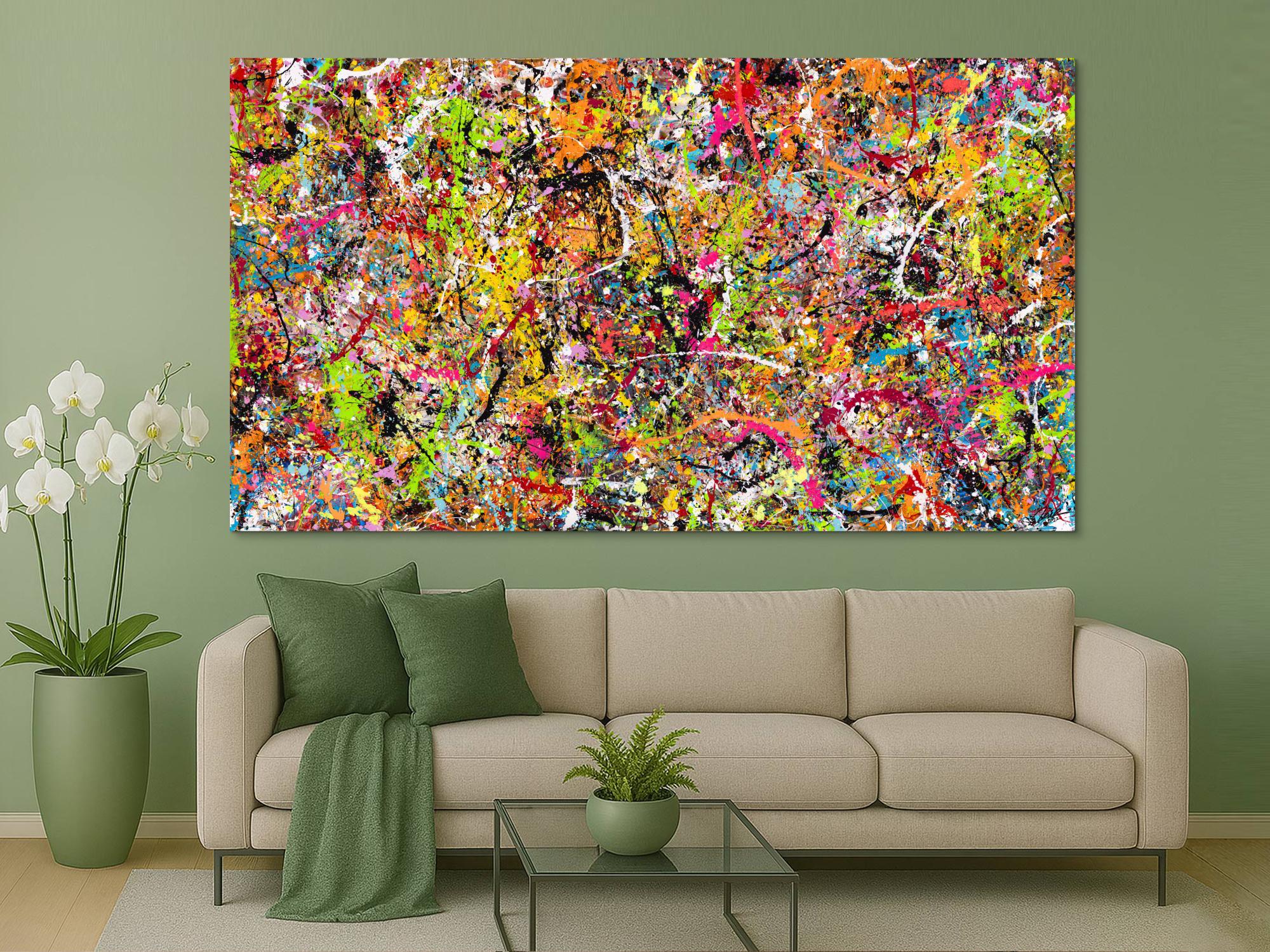 Gemälde Original abstrakt 140x250cm Action Painting Modern Art handgemalt Splash Art bunt pink orange einzigartig