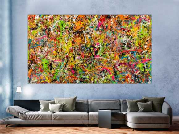 Gemälde Original abstrakt 140x250cm Action Painting Modern Art handgemalt Splash Art bunt pink orange einzigartig