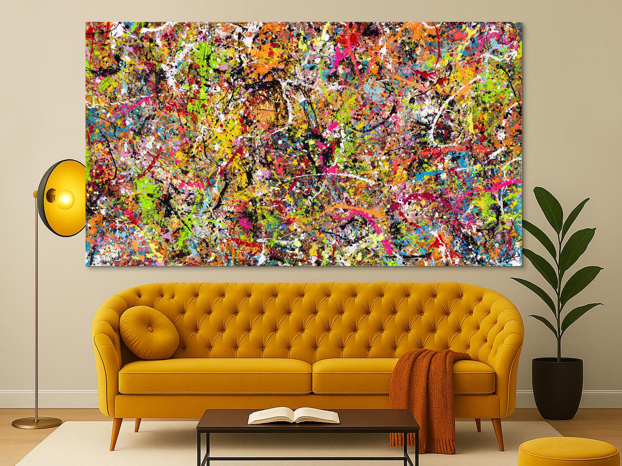 Gemälde Original abstrakt 140x250cm Action Painting Modern Art handgemalt Splash Art bunt pink orange einzigartig