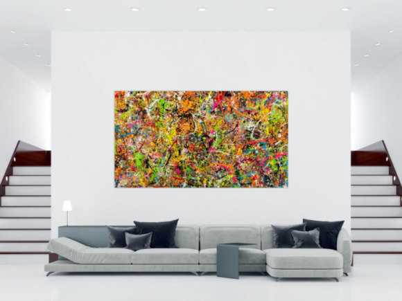 Gemälde Original abstrakt 140x250cm Action Painting Modern Art handgemalt Splash Art bunt pink orange einzigartig