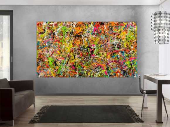 Gemälde Original abstrakt 140x250cm Action Painting Modern Art handgemalt Splash Art bunt pink orange einzigartig