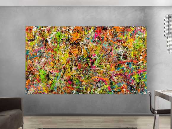 Gemälde Original abstrakt 140x250cm Action Painting Modern Art handgemalt Splash Art bunt pink orange einzigartig
