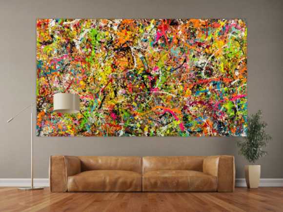 Gemälde Original abstrakt 140x250cm Action Painting Modern Art handgemalt Splash Art bunt pink orange einzigartig