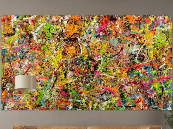Gemälde Original abstrakt 140x250cm Action Painting Modern Art handgemalt Splash Art bunt pink orange einzigartig