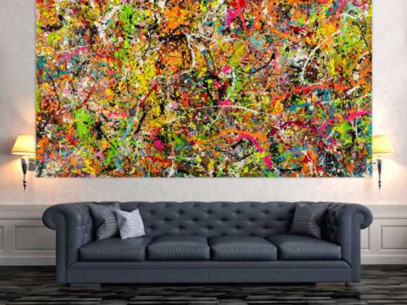 Gemälde Original abstrakt 140x250cm Action Painting Modern Art handgemalt Splash Art bunt pink orange einzigartig