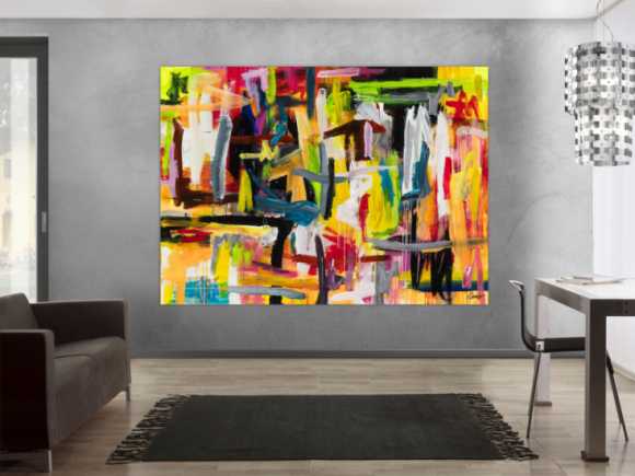 Gemälde Original abstrakt 160x220cm Mischtechnik expressionistisch handgefertigt Neon Farben bunt gelb weiß hochwertig