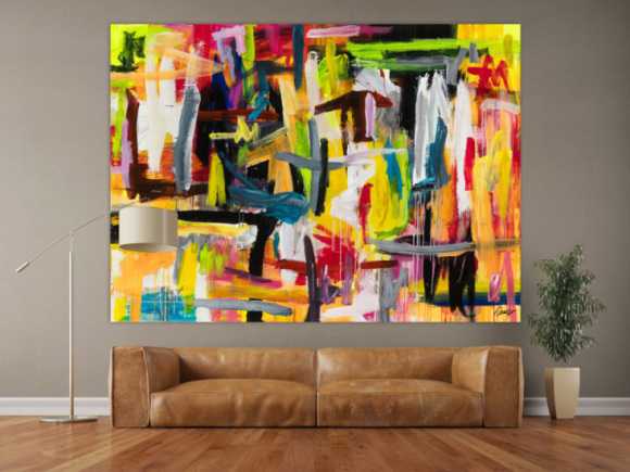 Gemälde Original abstrakt 160x220cm Mischtechnik Modern Art auf Leinwand Mischtechnik bunt gelb weiß Unikat