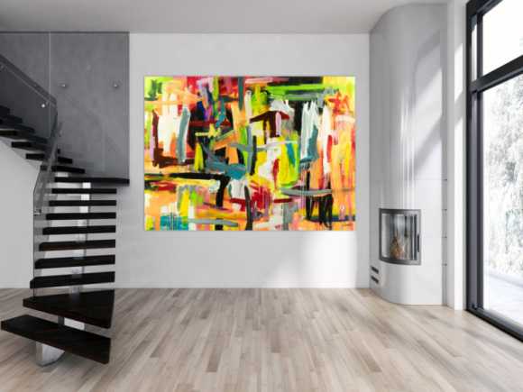 Gemälde Original abstrakt 160x220cm Mischtechnik expressionistisch handgefertigt Neon Farben bunt gelb weiß hochwertig