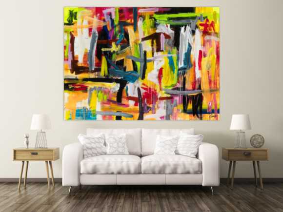Gemälde Original abstrakt 160x220cm Mischtechnik Modern Art auf Leinwand Mischtechnik bunt gelb weiß Unikat